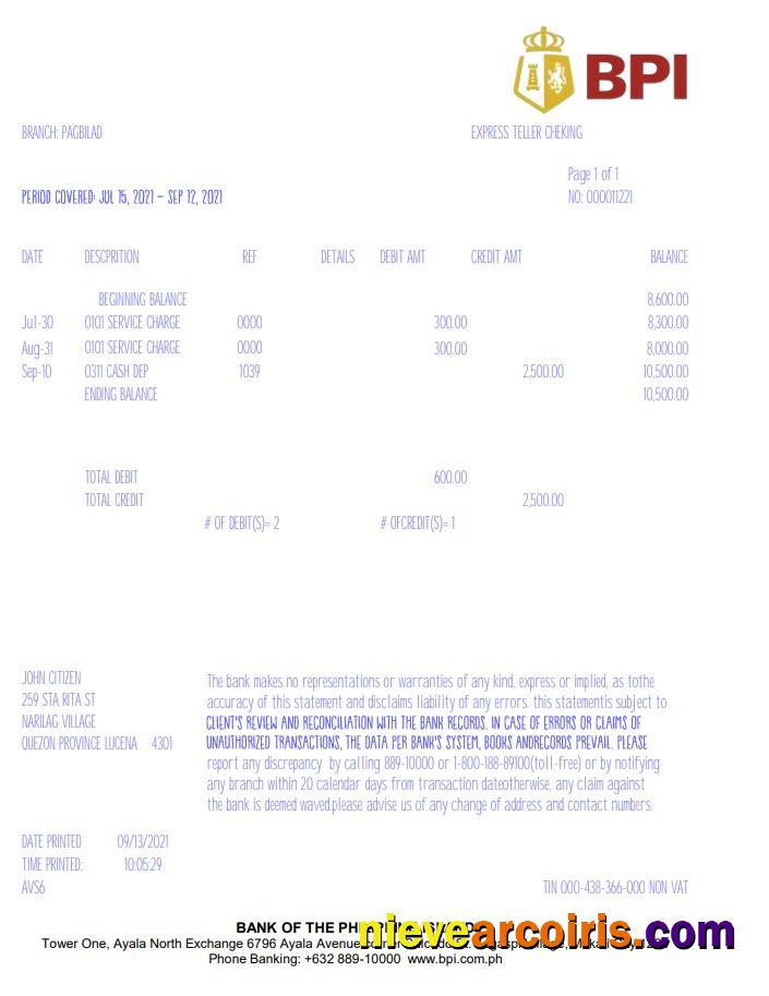 Philippines Bank of the Philippine Islands (BPI) bank statement in Excel and PDF format, version 2